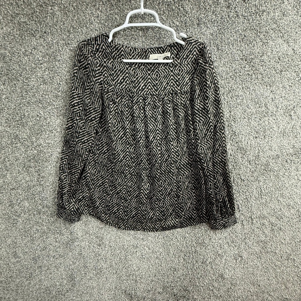 Loft Womens Small Black Tan Geometric Diamond Print Long Sleeve Blouse Top